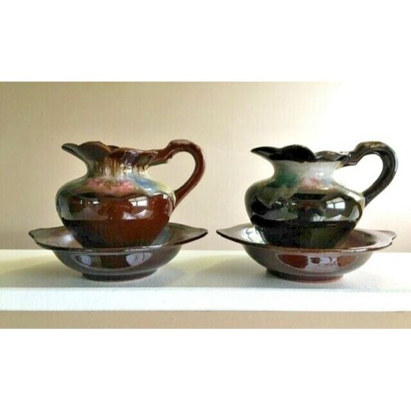 4 Piece Set Ceramic Drip Glaze Pottery 2 Pitchers & 2 Plates 4.5" x 4" Japan VTG - Picture 2 of 11